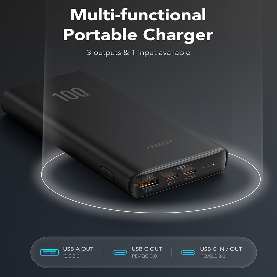 Veger T100 Power Bank 20000mAh 100W με Θύρα USB-A και 2 Θύρες USB-C Power Delivery Μαύρο