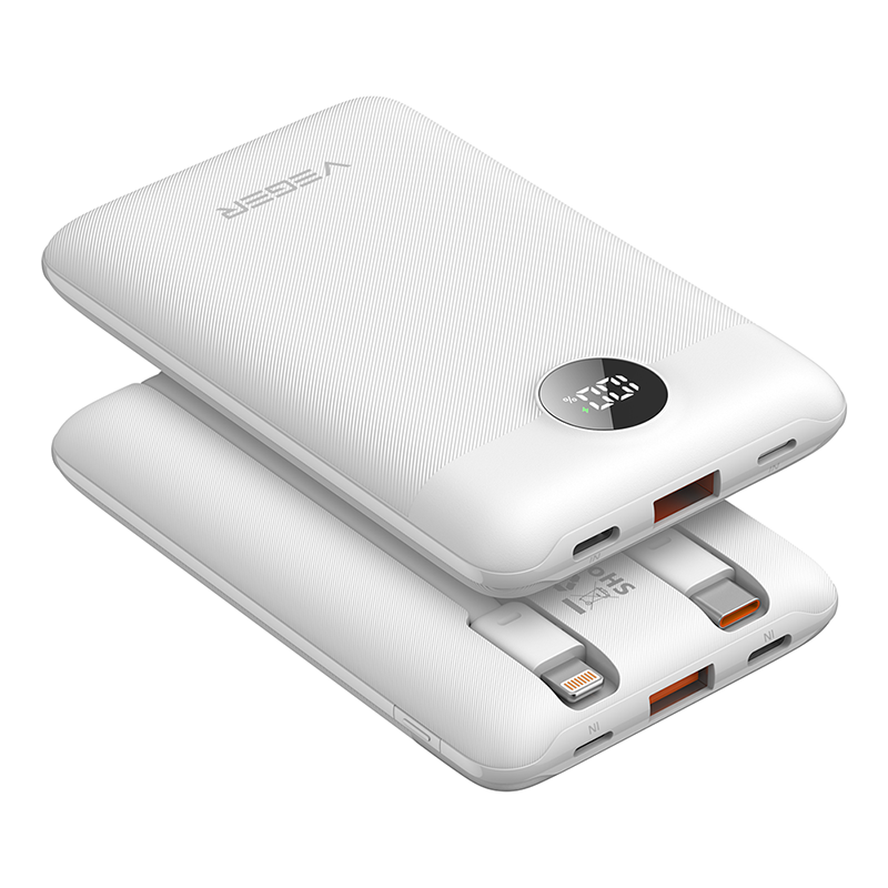 Veger C11C - 10,000mAh PD22.5W PD Digital Display Light Weight Powerbank With Built In Lightning & USB-C Cable Λευκό