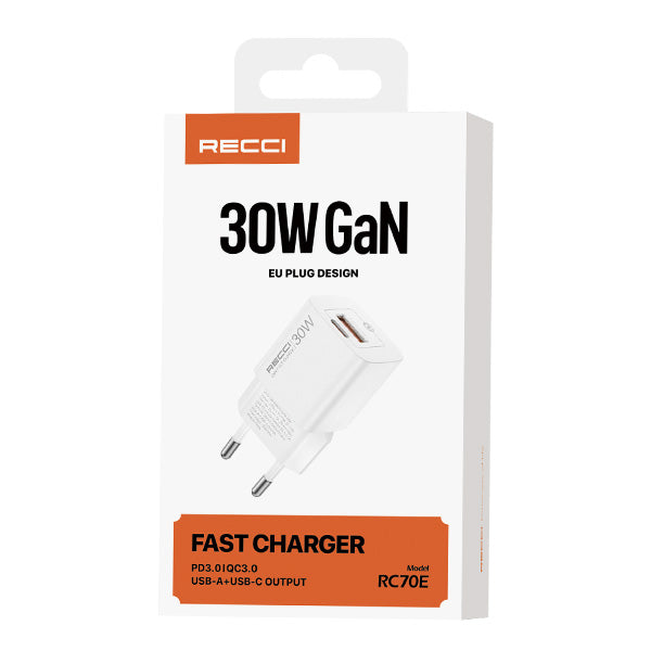 RECCI RC70E - Chargeur rapide 30W GaN USB-C + USB-A PD3.0|QC3.0 - Blanc
