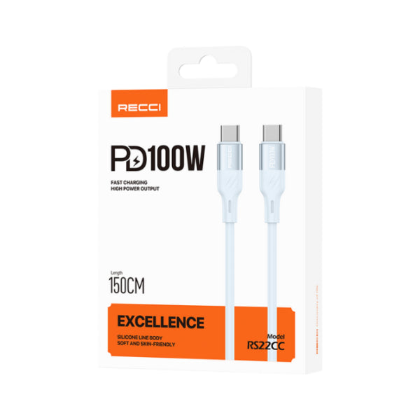 RECCI RS22CC - PD100W Fast Charging Silicone Data Cable C To C Hight Power Output 1.5M - Blue