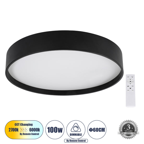 NARNIA 61259 Πλαφονιέρα Οροφής LED CCT 100W 11500lm 120° AC 220-240V - Εναλλαγή Φωτισμού μέσω Τηλεχειριστηρίου All In One Ψυχρό 6000k+Φυσικό 4500k+Θερμό 2700k Dimmable Φ60 x Υ10cm - Μαύρο - 3 Years Warranty