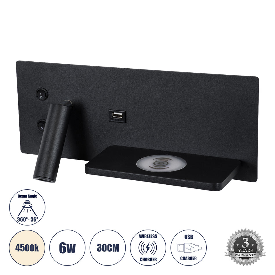 GLOBOSTAR® PALADIN 61352 Μοντέρνο Φωτιστικό Τοίχου - Απλίκα Ξενοδοχείου Reading Light με Φορτιστή USB 3A & Wireless 20W LED 6W 720lm 36° & 360° AC 220-240V IP20 Φυσικό Λευκό 4500K - Bridgelux COB Chip & TÜV SÜD Driver - Μαύρο Ματ - Μ30 x Π11 x Υ12cm - ...