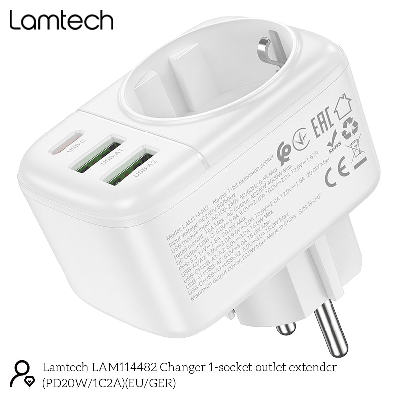 Lamtech Multifunctional Surge Protector Wall Socket 1x Schuko 2x Usb 1x Type C Pd20 W