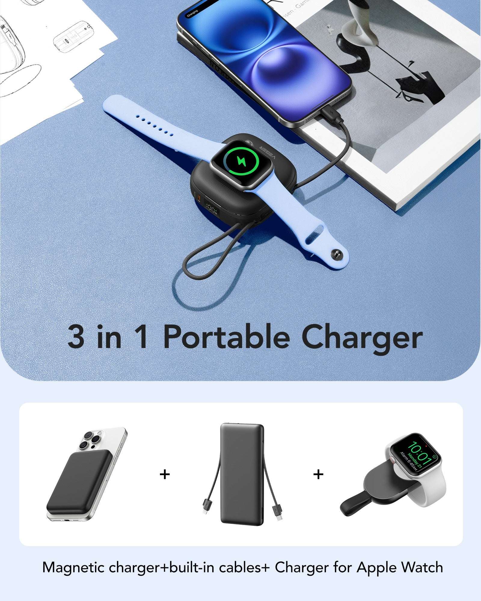 Veger W1185 - PD20W MagCore 3in1 - 10,000mAh Wireless Charging Powerbank for Apple iPhone, Watch & AirPods - Black