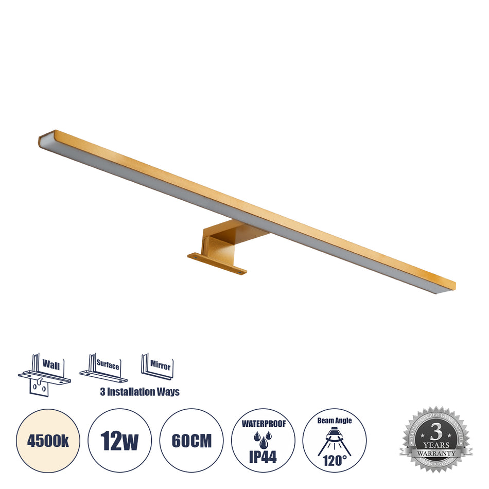 GLOBOSTAR® NINA 60423 Μοντέρνο Φωτιστικό Τοίχου - Απλίκα Καθρέπτη Μπάνιου LED 12W 1400lm 120° AC 220-240V IP44 Φυσικό Λευκό 4500K - Lumileds SMD Chip & TÜV SÜD Driver - Χρυσό Βούρτσας - Μ60 x Π10.5 x Υ4cm - 3 Χρόνια Εγγύηση