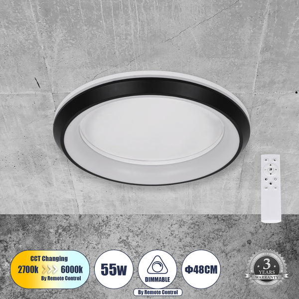 MELINA 61040 Πλαφονιέρα Οροφής Κύκλος LED CCT 55W 6376lm 120° AC 220-240V - Εναλλαγή Φωτισμού μέσω Τηλεχειριστηρίου All In One Ψυχρό Λευκό 6000k+Φυσικό Λευκό 4500k+Θερμό Λευκό 2700k Dimmable Φ48cm - Μαύρο - 3 Years Warranty