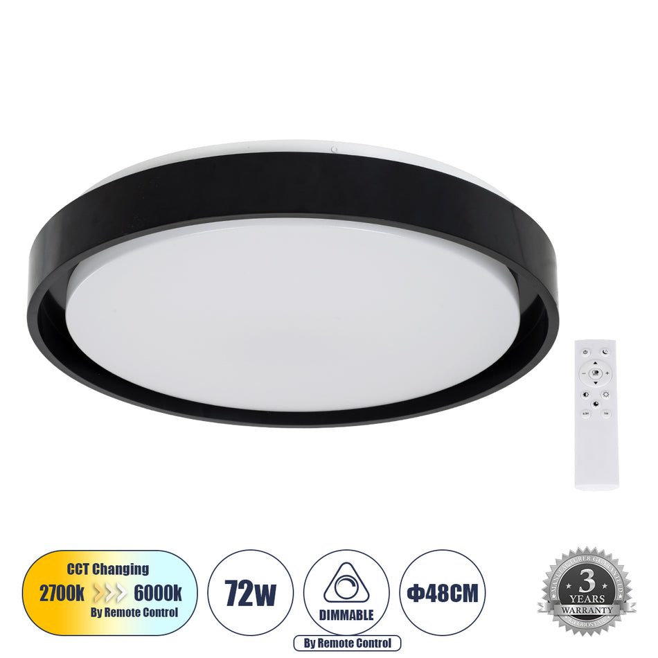 GLOBOSTAR® BARCHETTA 61046-S Μοντέρνο Φωτιστικό Οροφής LED 72W 8306lm 120° AC 220-240V IP20 Ρυθμιζόμενο Λευκό CCT με Χειριστήριο από 2700K έως 6000K Dimmable - Lumileds SMD Chip - Μαύρο Ματ - Μ48 x Π48 x Υ8.2cm - 3 Χρόνια Εγγύηση