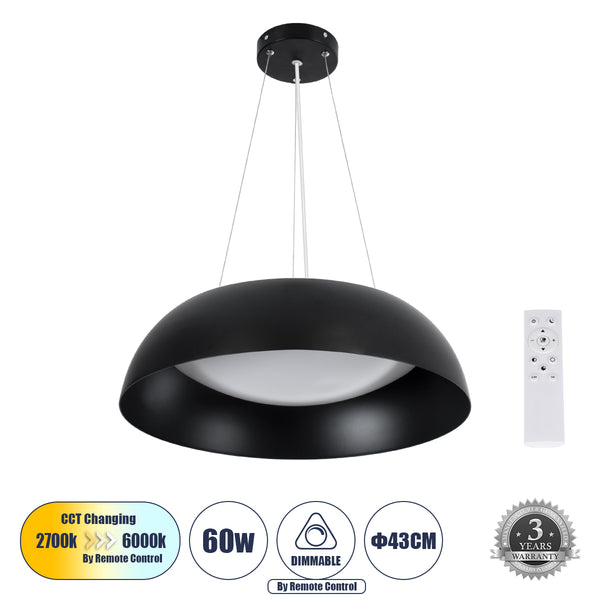 ANATOLIA 61267 Κρεμαστή Πλαφονιέρα Οροφής LED CCT 60W 6900lm 120° AC 220-240V - Εναλλαγή Φωτισμού μέσω Τηλεχειριστηρίου All In One Ψυχρό 6000k+Φυσικό 4500k+Θερμό 2700k Dimmable Φ43cm - Μαύρο - 3 Years Warranty