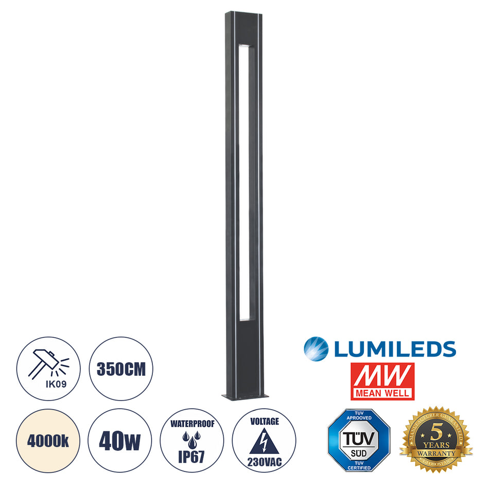 GLOBOSTAR® MERIDA 61514 Φωτιστικό Urban Πλατείας/Πάρκου LED 40W 5440lm 60° AC 220-240V Αδιάβροχο IP65 Φυσικό Λευκό 5000K - Lumileds SMD Chip & Mean Well TÜV Driver - Γκρι Ανθρακί Ματ - Μ32 x Π32 x Υ350cm - 5 Χρόνια Εγγύηση
