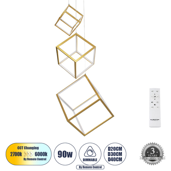 KIBOO-TRIO 60932 Κρεμαστό Φωτιστικό Οροφής Design LED CCT 90W 10350lm 360° AC 220-240V - Εναλλαγή Φωτισμού μέσω Τηλεχειριστηρίου All In One Ψυχρό 6000k+Φυσικό 4500k+Θερμό 2700k Dimmable Μ60 x Π60 x Υ80cm - Χρυσό Πλατίνα - 3 Years Warranty