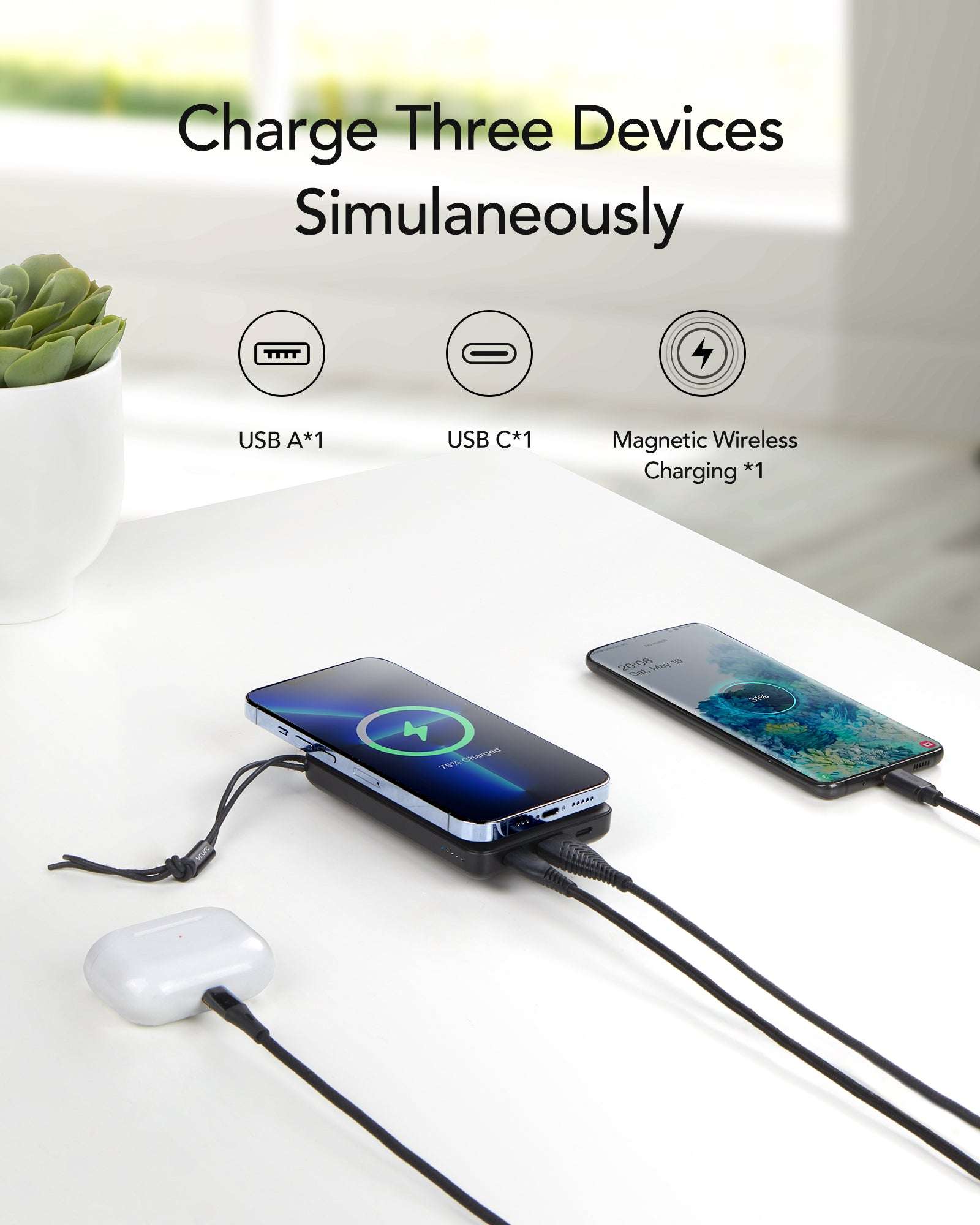 Veger W1151 MagOn Magnetic Wireless MagSafe Power Bank 10000mAh 15W με Θύρα USB-A και Θύρα USB-C Power Delivery / Quick Charge 3.0 Μαύρο