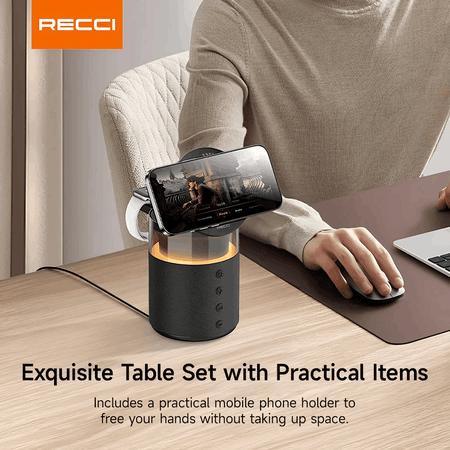 Recci RCW-51 Wireless Charging Stand with Ambient Lighting and Bluetooth Speaker-Black