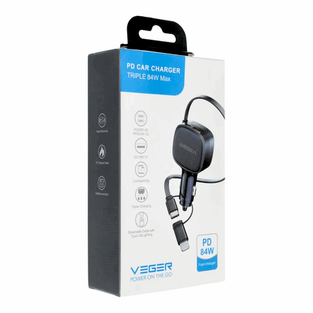 Veger CC89 Φορτιστής Αυτοκινήτου 84W Γρήγορης Φόρτισης με μία Θύρα: 1xType-C μαζί με Καλώδιο Lightning / Type-C Μαύρο Χρώμα