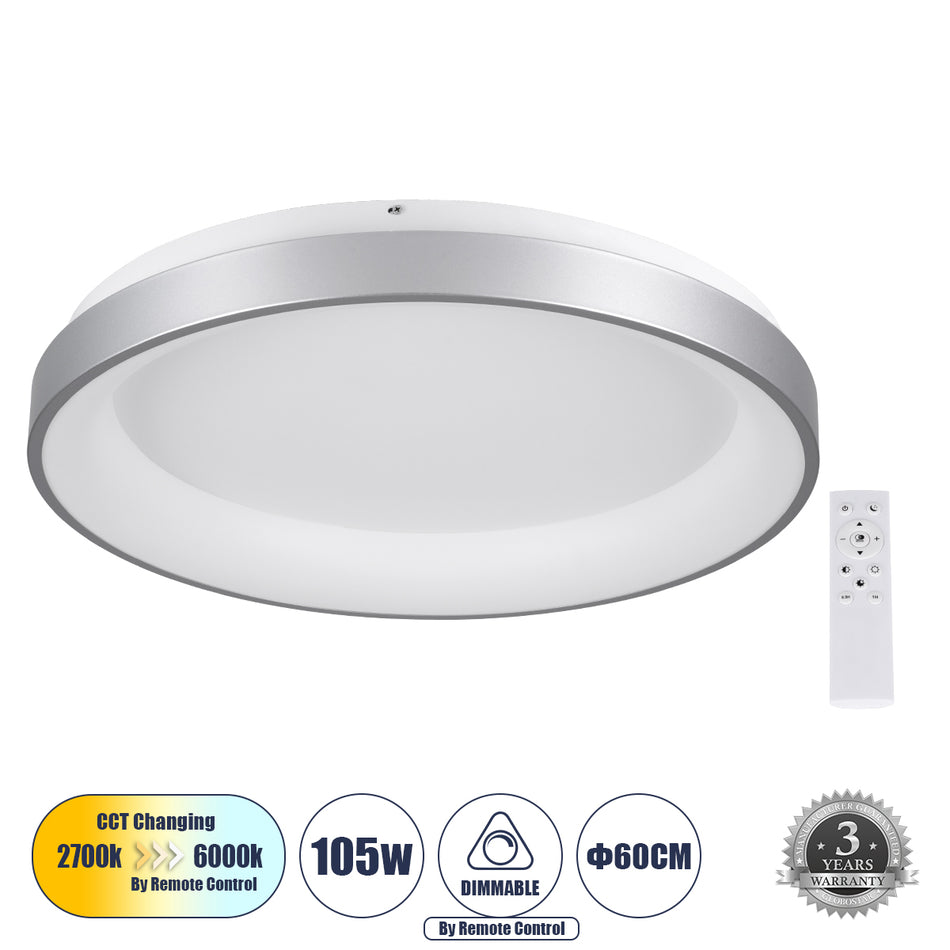GLOBOSTAR® SALEM 61238 Μοντέρνο Φωτιστικό Οροφής LED 105W 12075lm 120° AC 220-240V IP20 Ρυθμιζόμενο Λευκό CCT με Χειριστήριο από 2700K έως 6000K Dimmable - Lumileds SMD Chip - Γκρι - Μ60 x Π60 x Υ9.5cm - 3 Χρόνια Εγγύηση