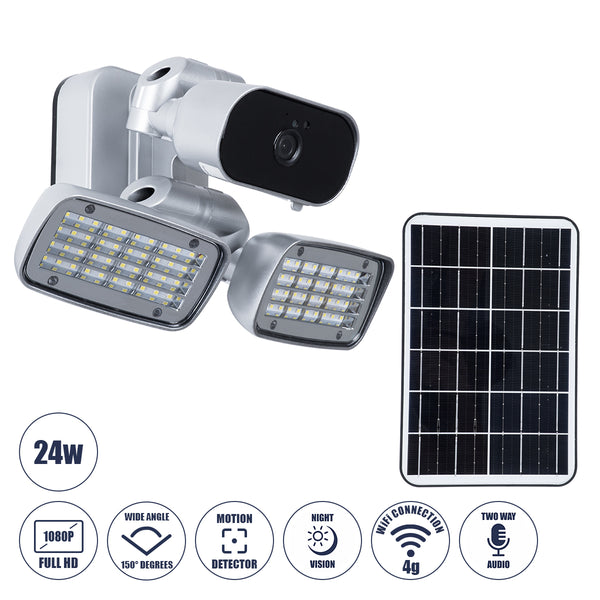 86045 Αυτόνομος Ηλιακός Προβολέας LED SMD 24W 1200lm με IP Camera 1080P 2MP 4G SIM CARD WiFi 150° Ενσωματωμένη Μπαταρία 3200mAh Φωτοβολταϊκό Πάνελ Αισθητήρα Ημέρας-Νύχτας & Ρύθμιση Χρόνου Ανάμματος Αδιάβροχος IP66 Ψυχρό Λευκό 6000K - Ασημί