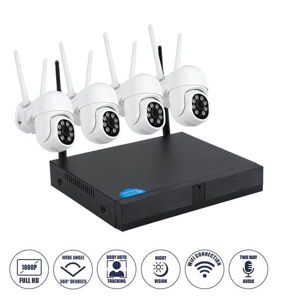 Kabelloser Rekorder mit 4 x Kamera 2 MP 1080P WiFi 360° – wasserdicht IP66 – Nachtsicht mit IR-LED – Sprache in zwei Richtungen – Bewegungsmelder – Nachtaufnahme