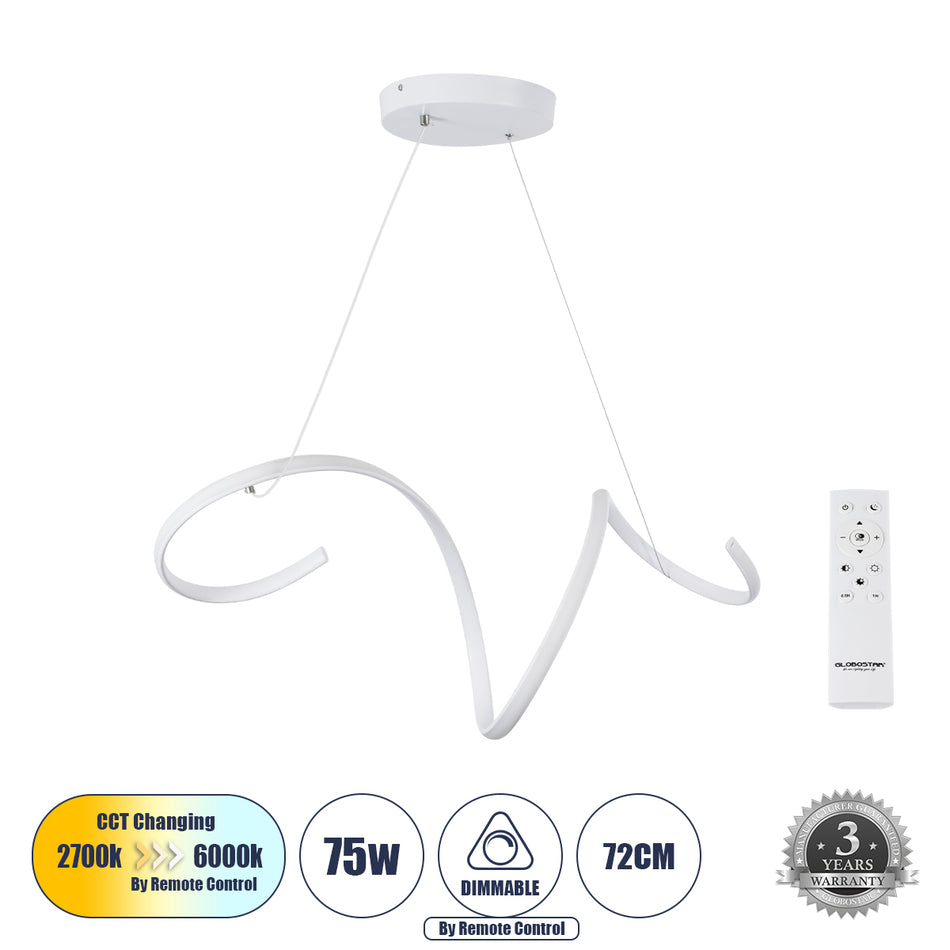 GLOBOSTAR® SPIRALE 61284 Μοντέρνο Κρεμαστό Φωτιστικό Οροφής LED 75W 8400lm 300° AC 220-240V IP20 Ρυθμιζόμενο Λευκό CCT με Χειριστήριο από 2700K έως 6000K Dimmable - Lumileds SMD Chip - Λευκό Ματ - Μ72 x Π25 x Υ30cm - 3 Χρόνια Εγγύηση