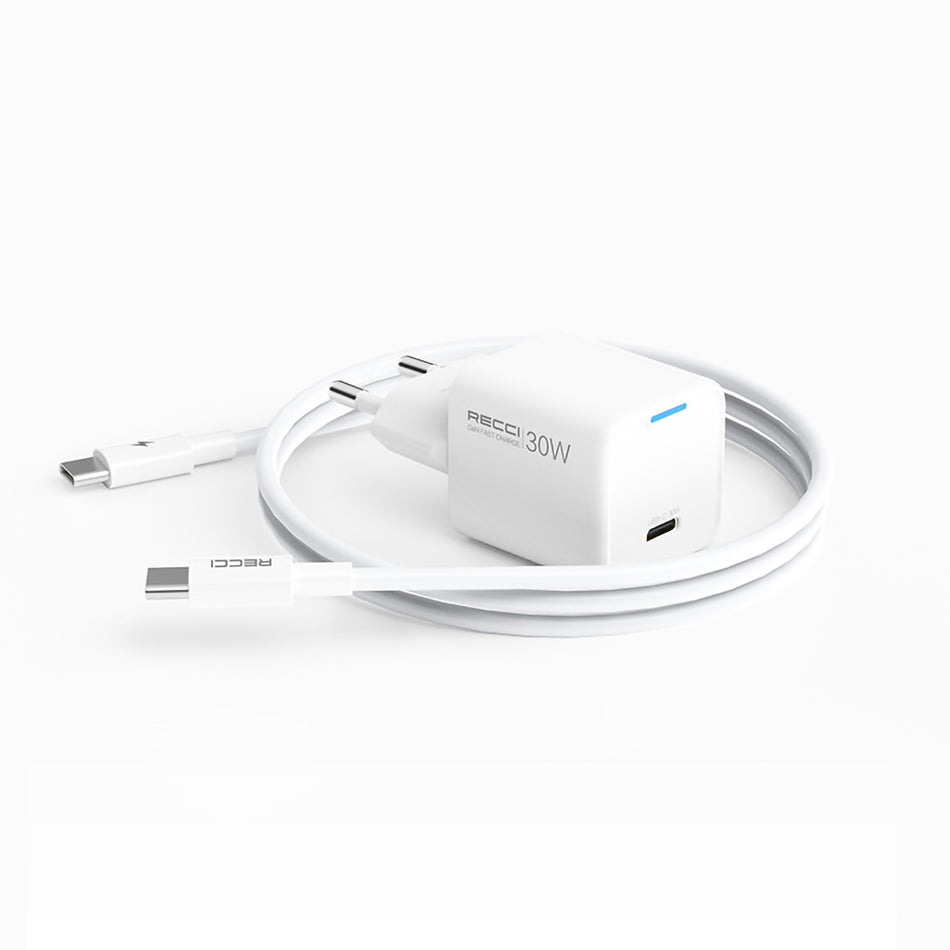 Chargeur USB-C RECCI RC112E GaN PD30W avec câble de données de charge rapide