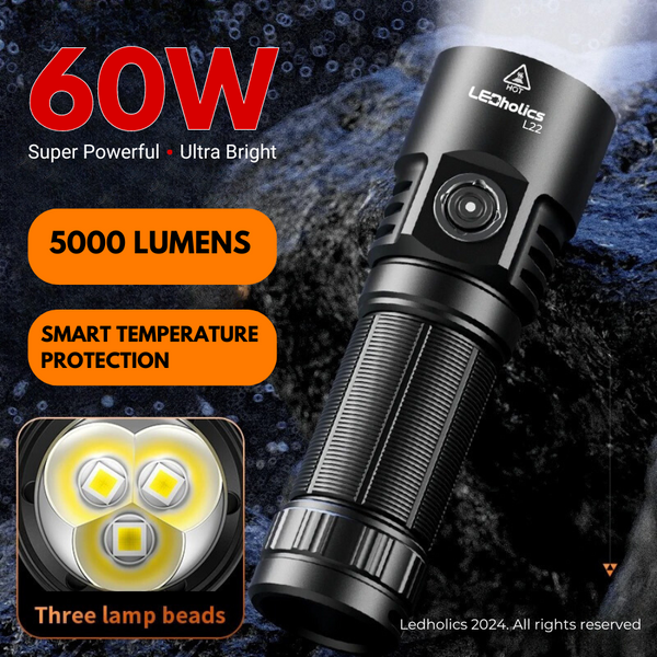 Πολυ Ισχυρός LED Φακός L22 | 5000 Lumens 60W | 300m Απόσταση Δέσμης | Επαναφορτιζόμενος 5200mAh | Αδιάβροχος