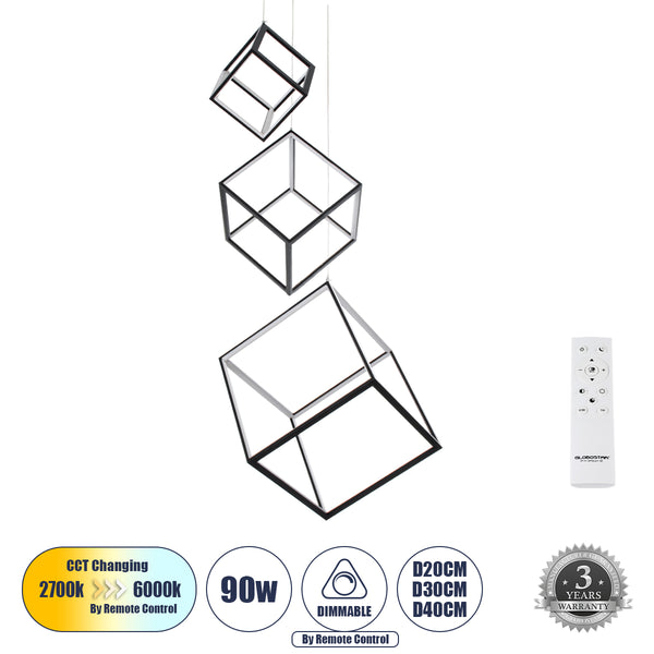 KIBOO-TRIO 60931 Κρεμαστό Φωτιστικό Οροφής Design LED CCT 90W 10350lm 360° AC 220-240V - Εναλλαγή Φωτισμού μέσω Τηλεχειριστηρίου All In One Ψυχρό 6000k+Φυσικό 4500k+Θερμό 2700k Dimmable Μ60 x Π60 x Υ80cm - Μαύρο - 3 Years Warranty