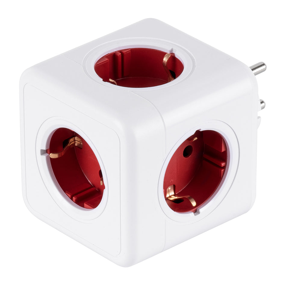 GLOBOSTAR® POWERCUBE 79628 Πολύπριζο 5 Θέσεων με 5 x EU Schuko Πρίζες Ασφαλείας Childproof AC 220-240V 3680W/16A Max Load IP20 - Λευκό & Κόκκινο - Μ7.5 x Π11.5 x Υ7.5cm