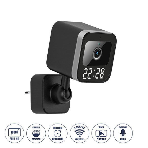 HD 1080P 350° Dual-Richtungs-Sprech- und Bewegungsmelder WiFi-Wandsteckdosenkamera – IP20-Fernbedienung – Schwarz – M6 x B5,5 x H16 cm – 2 Jahre Garantie