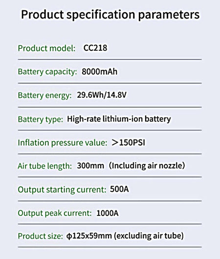 TCCBAC CC218 - 8000mAh Φορητός Εκκινητής Μπαταρίας Αυτοκινήτου 1000A με Power Bank  / USB / Τρόμπα / Φακό 12V