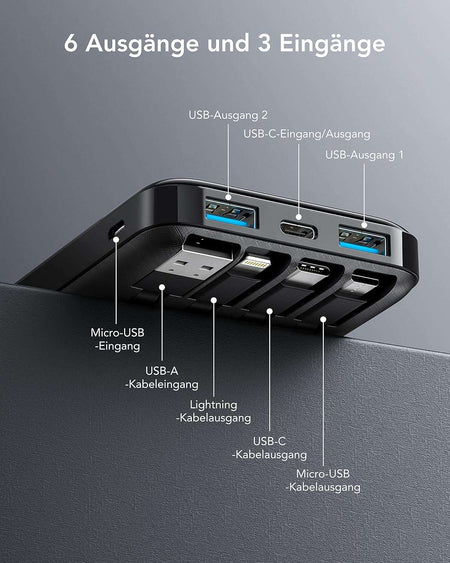 Charmast W1148 Power Bank 10000mAh PD20W with built-in cables Micro USB / Type C / Lightning 5V3A  black