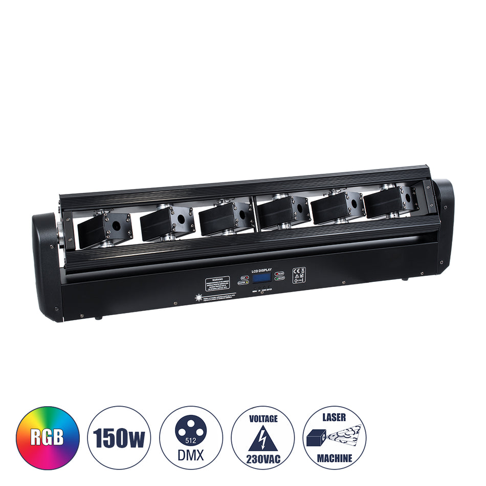 AMNESIA 51179 Stage Κινούμενη Ρομποτική Κεφαλή Spider Super Beam LASER 150W 2° AC 220-240V IP20 6 x 1W LASER Chip 300mW RED/638nm 100mW GREEN/531nm 600mW BLUE/442nm Πολύχρωμο RGB Dimmable DMX512 Protocol 14/35 Channels - Μ86 x Π23 x Υ9cm - 2 Χρόνια Εγγ...