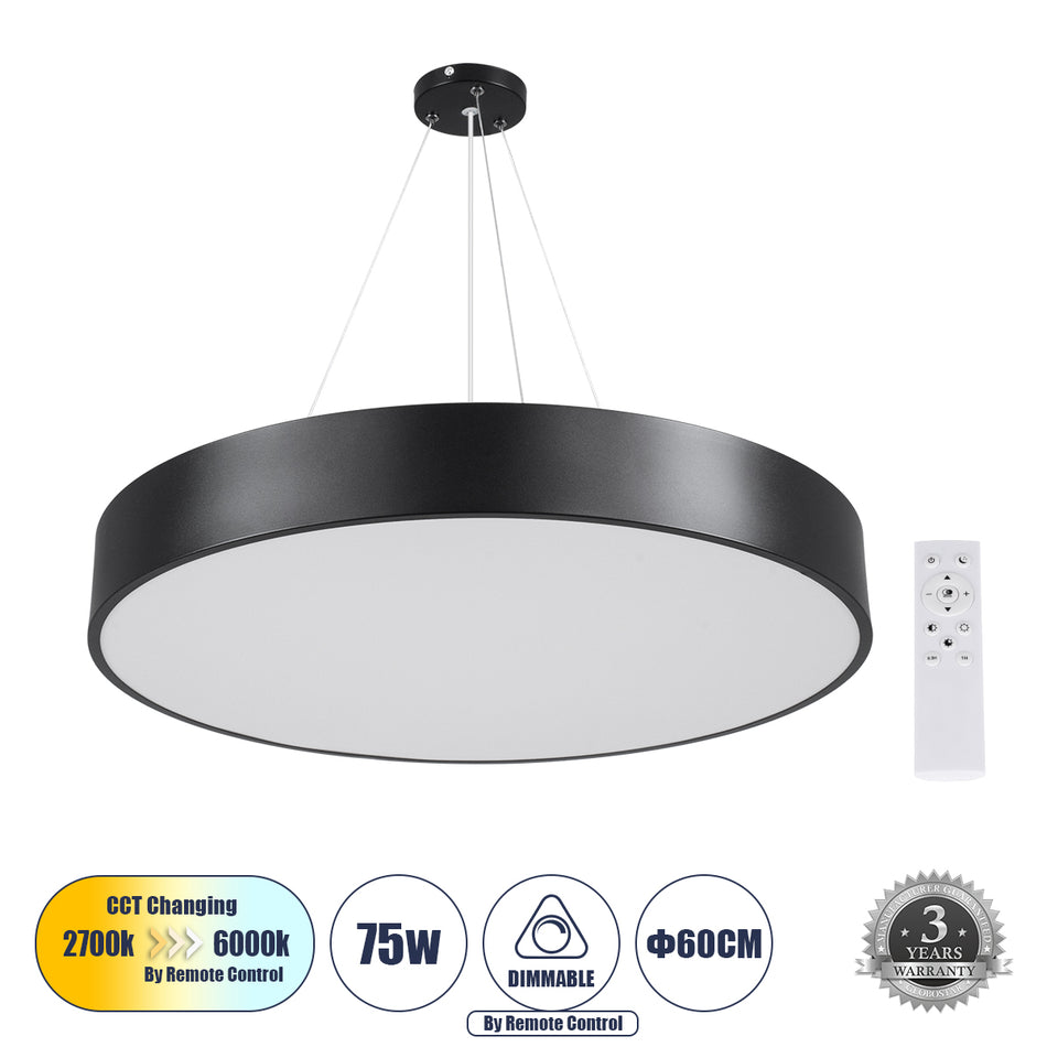 GLOBOSTAR® BURTON 61202 Μοντέρνο Κρεμαστό Φωτιστικό Οροφής LED 75W 8625lm 120° AC 220-240V IP20 Ρυθμιζόμενο Λευκό CCT με Χειριστήριο από 2700K έως 6000K Dimmable - Lumileds SMD Chip - Μαύρο Ματ - Μ60 x Π60 x Υ8cm - 3 Χρόνια Εγγύηση