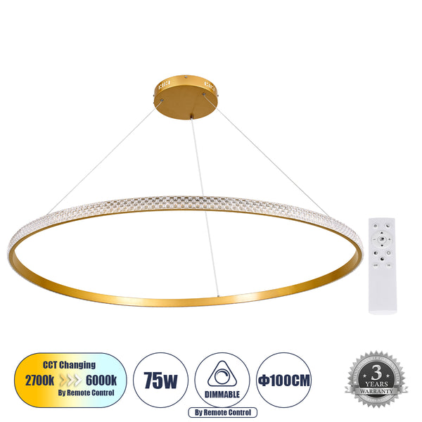 DIAMOND 61135 Κρεμαστό Φωτιστικό Δαχτυλίδι-Κύκλος LED CCT 75W 8743lm 360° AC 220-240V - Εναλλαγή Φωτισμού μέσω Τηλεχειριστηρίου All In One Ψυχρό Dimmable - 3 Years Warranty