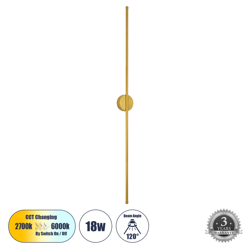 DIADEM 61334 Μοντέρνο Φωτιστικό Τοίχου - Απλίκα LED 18W 2160lm 120° AC 220-240V IP20 Ρυθμιζόμενο Λευκό CCT με On/Off 2700K/4500K/6000K - Lumileds SMD Chip - Χρυσό Βούρτσας - Μ10 x Π4 x Υ120cm - 3 Χρόνια Εγγύηση