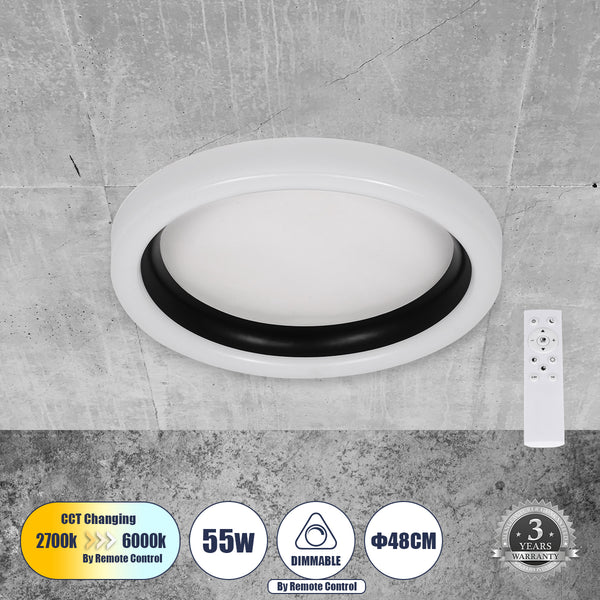 ARIANA 61034 Πλαφονιέρα Οροφής Κύκλος LED CCT 55W 6376lm 120° AC 220-240V - Εναλλαγή Φωτισμού μέσω Τηλεχειριστηρίου All In One Ψυχρό Λευκό 6000k+Φυσικό Λευκό 4500k+Θερμό Λευκό 2700k Dimmable Φ48cm - Μαύρο - 3 Years Warranty