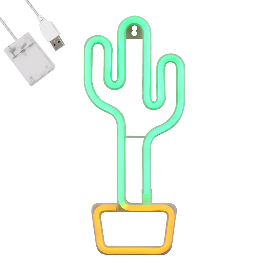 GloboStar® 78574 Φωτιστικό Ταμπέλα Φωτεινή Επιγραφή NEON LED Σήμανσης CACTUS 5W με Καλώδιο Τροφοδοσίας USB - Μπαταρίας 3xAAA (Δεν Περιλαμβάνονται) - Πράσινο - Κίτρινο