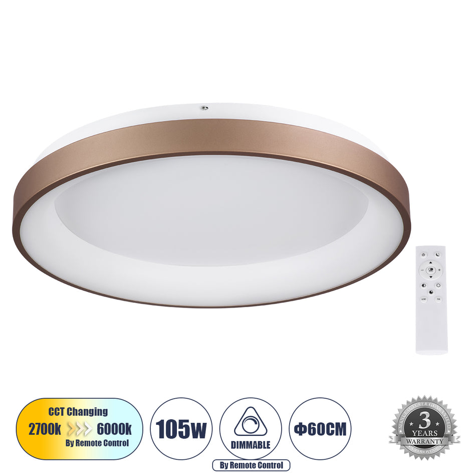GLOBOSTAR® SALEM 61240 Μοντέρνο Φωτιστικό Οροφής LED 105W 12075lm 120° AC 220-240V IP20 Ρυθμιζόμενο Λευκό CCT με Χειριστήριο από 2700K έως 6000K Dimmable - Lumileds SMD Chip - Καφέ Ματ - Μ60 x Π60 x Υ9.5cm - 3 Χρόνια Εγγύηση