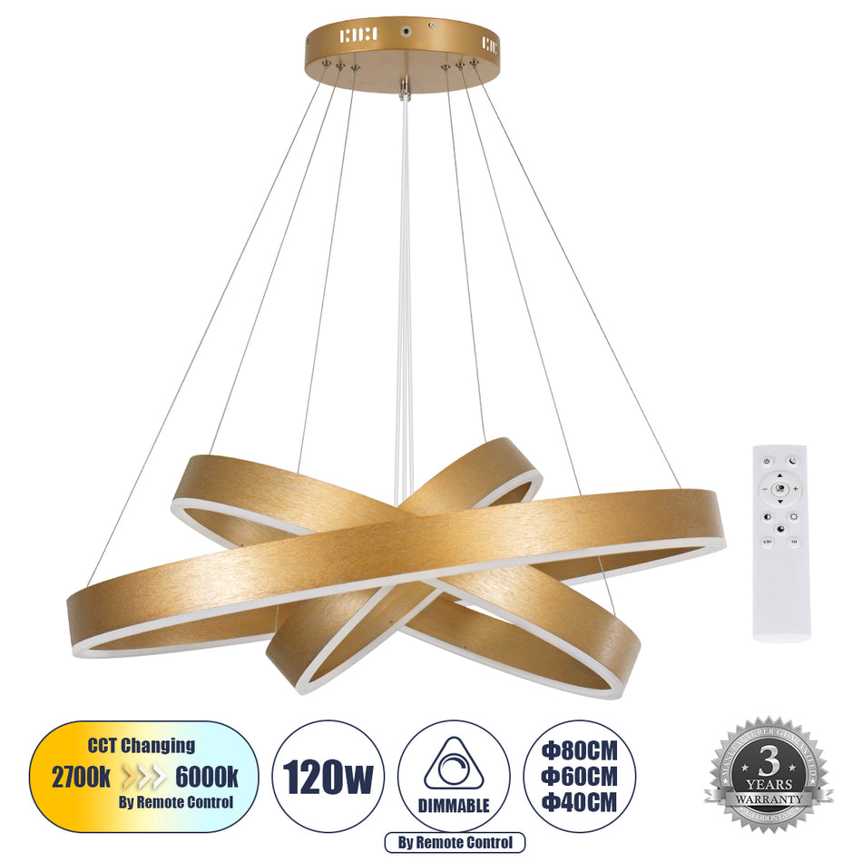 kelvo® VENOM 61190-DECO Μοντέρνο Κρεμαστό Φωτιστικό Οροφής LED 120W 14158lm 120° AC 220-240V IP20 Ρυθμιζόμενο Λευκό CCT με Χειριστήριο από 2700K έως 6000K Dimmable - Lumileds SMD Chip - Χρυσό Βούρτσας - Μ80 x Π80 x Υ60cm - 3 Χρόνια Εγγύηση