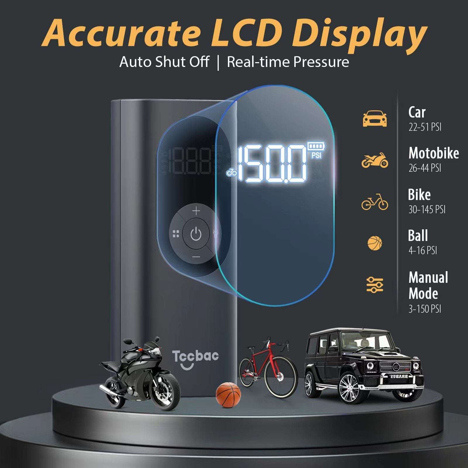 TCCBAC TC-AP01 Τρόμπα Αυτοκινήτου 150PSI Επαναφορτιζόμενη 12V