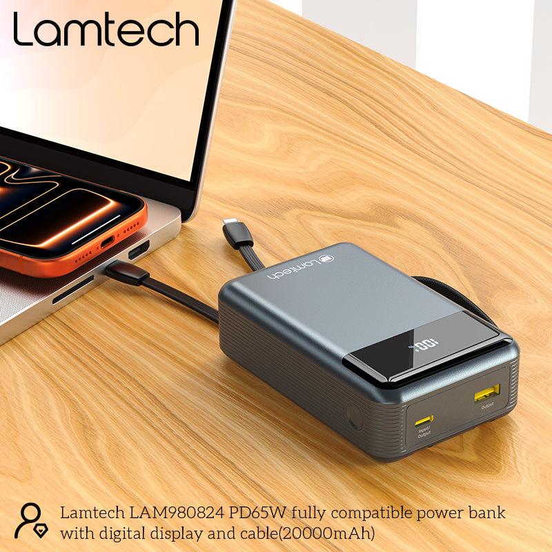BATTERIE EXTERNE LAMTECH PD65W 20000MAH AVEC CÂBLES INTÉGRÉS TYPE-C ET LIGHTNING QC3.0