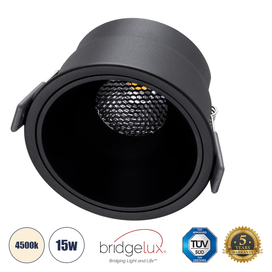 GLOBOSTAR® PLUTO-B 60262 Χωνευτό Downlight Σποτ με Honeycomb Anti Glare Reflector LED 15W 1950lm 38° AC 220-240V IP20 Φυσικό Λευκό 4500K - Bridgelux COB Chip & TÜV SÜD Driver - Μαύρο Ματ - Μ10.4 x Π10.4 x Υ6.5cm / Q9.5cm - 5 Χρόνια Εγγύηση
