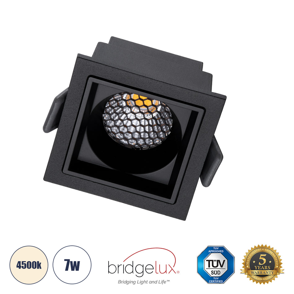 GLOBOSTAR® PLUTO-S 60268 Χωνευτό Downlight Σποτ με Honeycomb Anti Glare Reflector LED 7W 910lm 38° AC 220-240V IP20 Φυσικό Λευκό 4500K - Bridgelux COB Chip & TÜV SÜD Driver - Μαύρο Ματ - Μ6.4 x Π6.4 x Υ4.9cm / Q5.5 x 5.5cm - 5 Χρόνια Εγγύηση