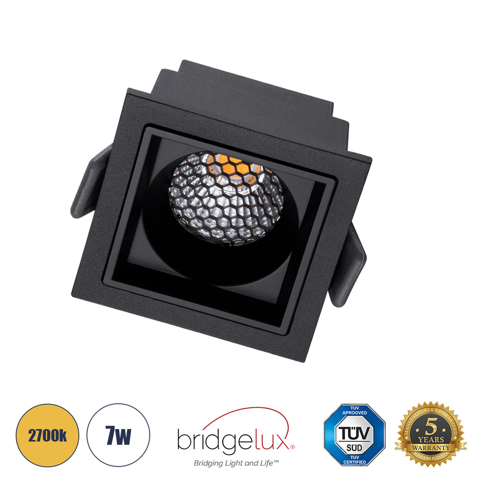GLOBOSTAR® PLUTO-S 60269 Χωνευτό Downlight Σποτ με Honeycomb Anti Glare Reflector LED 7W 875lm 38° AC 220-240V IP20 Θερμό Λευκό 2700K - Bridgelux COB Chip & TÜV SÜD Driver - Μαύρο Ματ - Μ6.4 x Π6.4 x Υ4.9cm / Q5.5 x 5.5cm - 5 Χρόνια Εγγύηση