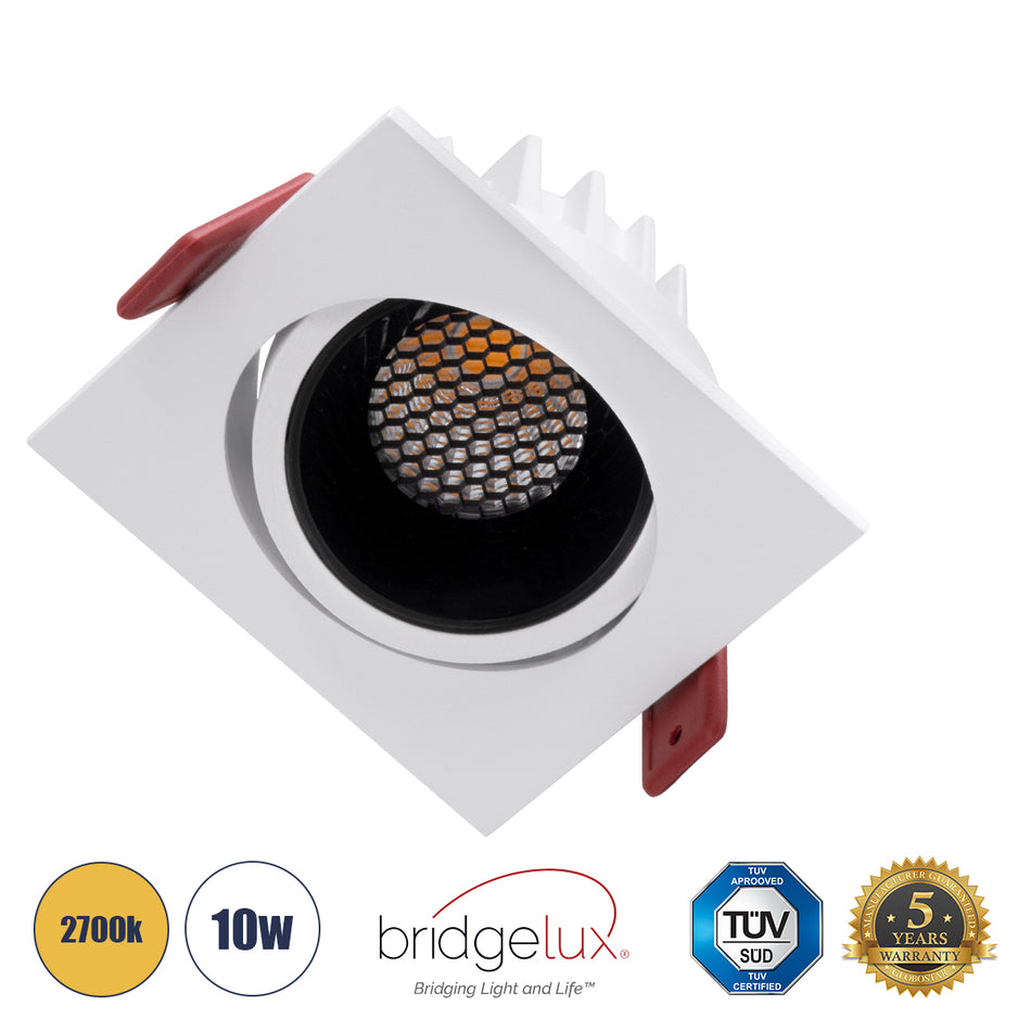 GLOBOSTAR® LEO-SQ 60289 Χωνευτό Κινούμενο Downlight Σποτ με Honeycomb Anti Glare Reflector LED 10W 1250lm 38° AC 220-240V IP20 Θερμό Λευκό 2700K - Bridgelux COB Chip & TÜV SÜD Driver - Λευκό & Μαύρο Ματ - Μ8.5 x Π8.5 x Υ6.6cm / Q7.5 x 7.5cm - 5 Χρόνια ...