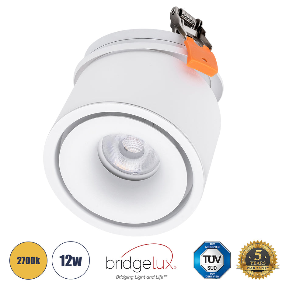 GLOBOSTAR® OMEGA-R 60295 Χωνευτό Κινούμενο Downlight Σποτ LED 12W 1500lm 36° AC 220-240V IP20 Θερμό Λευκό 2700K - Bridgelux COB Chip & TÜV SÜD Driver - Λευκό Ματ - Μ10 x Π10 x Υ8.2cm / Q9cm - 5 Χρόνια Εγγύηση
