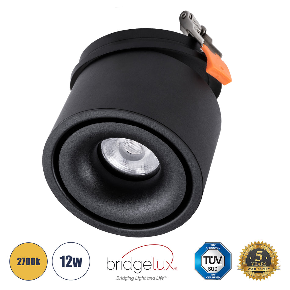 GLOBOSTAR® OMEGA-R 60297 Χωνευτό Κινούμενο Downlight Σποτ LED 12W 1500lm 36° AC 220-240V IP20 Θερμό Λευκό 2700K - Bridgelux COB Chip & TÜV SÜD Driver - Μαύρο Ματ - Μ10 x Π10 x Υ8.2cm / Q9cm - 5 Χρόνια Εγγύηση