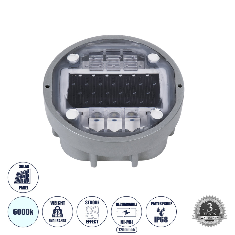 GloboStar® ROADER 60367 Professional LED Strobe Αυτόνομος Ηλιακός Χωνευτός Ανακλαστήρας Οδοστρώματος με Ενσωματωμένο Φωτοβολταϊκό Panel 2.5V 220mA & Επαναφορτιζόμενη Μπαταρία Ni-MH 1.2V 1200mAh - Αδιάβροχο IP68 - Ψυχρό Λευκό 6000K - Max Pass Load 20 Τό...