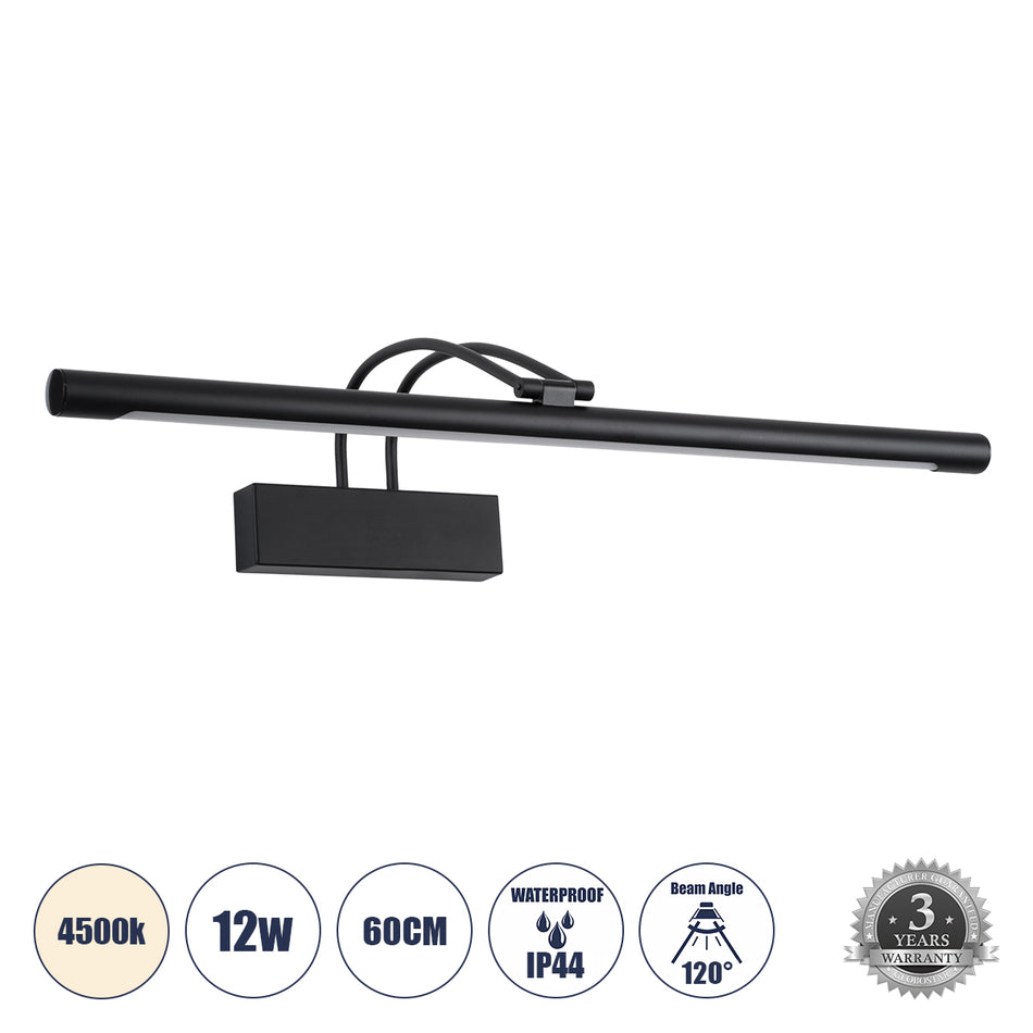 GLOBOSTAR® LAURA 60424 Μοντέρνο Φωτιστικό Τοίχου - Απλίκα Καθρέπτη Μπάνιου LED 12W 1400lm 120° AC 220-240V IP44 Φυσικό Λευκό 4500K - Lumileds SMD Chip & TÜV SÜD Driver - Μαύρο Ματ - Μ60 x Π27 x Υ13cm - 3 Χρόνια Εγγύηση