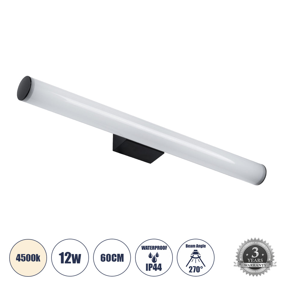 GLOBOSTAR® MABEL 60428 Μοντέρνο Φωτιστικό Τοίχου - Απλίκα Καθρέπτη Μπάνιου LED 12W 1400lm 240° AC 220-240V IP44 Φυσικό Λευκό 4500K - Lumileds SMD Chip & TÜV SÜD Driver - Μαύρο Ματ & Λευκό - Μ60 x Π10 x Υ5cm - 3 Χρόνια Εγγύηση