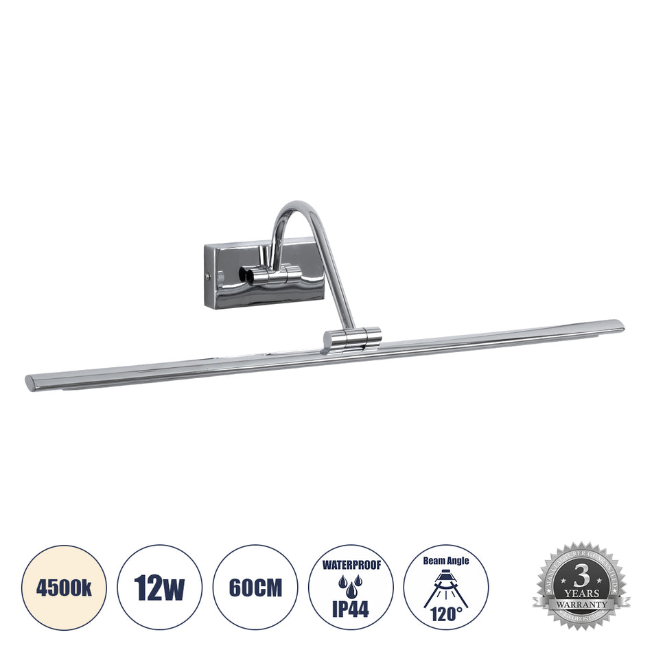 GLOBOSTAR® MIRA 60434 Μοντέρνο Φωτιστικό Τοίχου - Απλίκα Καθρέπτη Μπάνιου LED 12W 1400lm 120° AC 220-240V IP44 Φυσικό Λευκό 4500K - Lumileds SMD Chip & TÜV SÜD Driver - Νίκελ Χρώμιο - Μ60 x Π20 x Υ13cm - 3 Χρόνια Εγγύηση