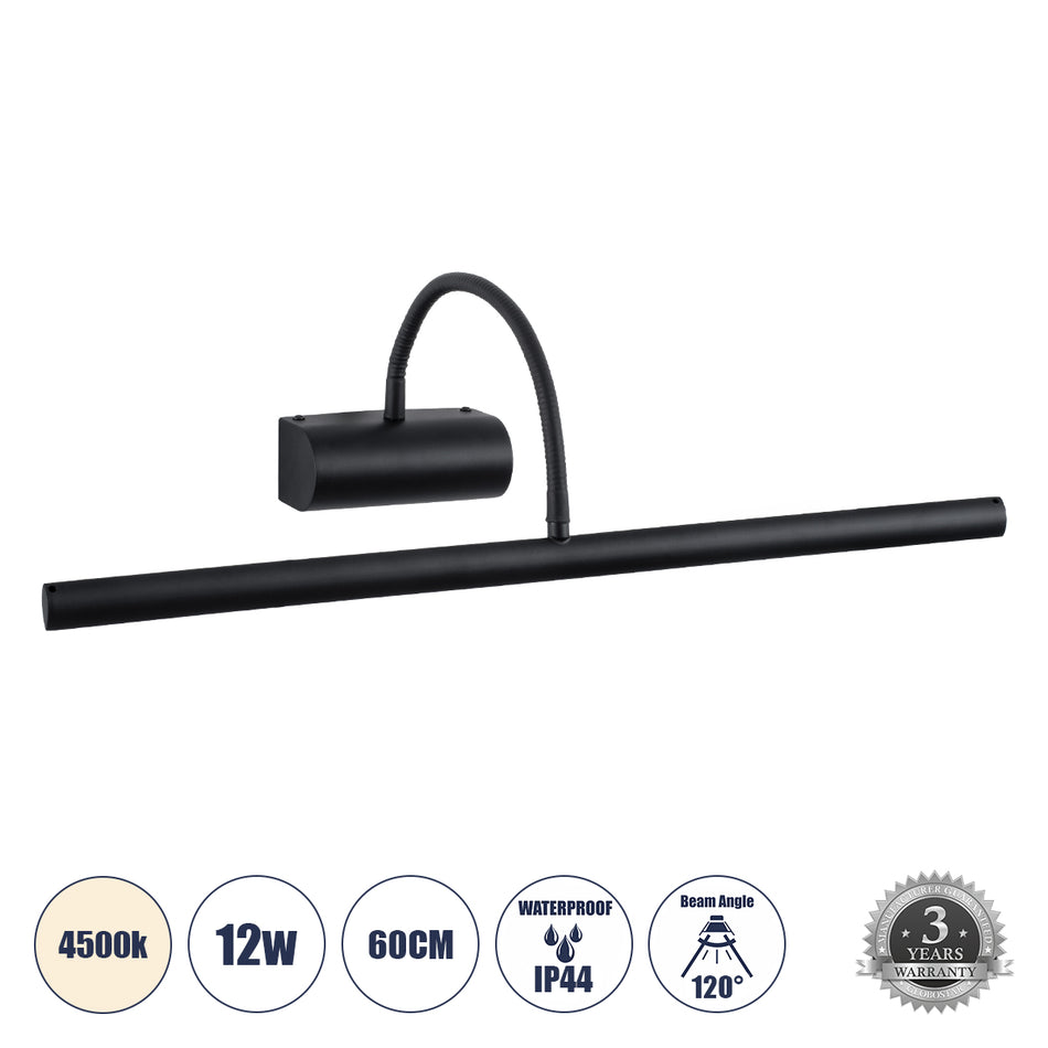 GLOBOSTAR® TROIS 60436 Μοντέρνο Φωτιστικό Τοίχου - Απλίκα Καθρέπτη Μπάνιου LED 12W 1400lm 120° AC 220-240V IP44 Φυσικό Λευκό 4500K - Lumileds SMD Chip & TÜV SÜD Driver - Μαύρο Ματ - Μ60 x Π24 x Υ18cm - 3 Χρόνια Εγγύηση