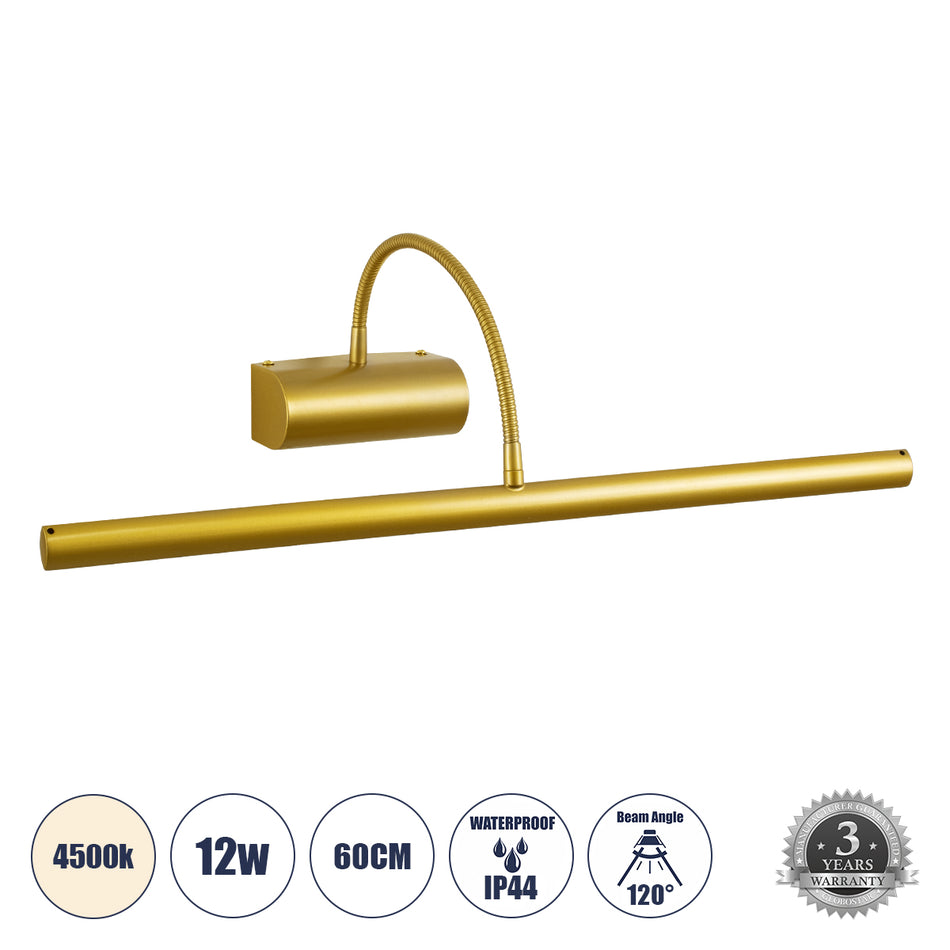 GLOBOSTAR® TROIS 60437 Μοντέρνο Φωτιστικό Τοίχου - Απλίκα Καθρέπτη Μπάνιου LED 12W 1400lm 120° AC 220-240V IP44 Φυσικό Λευκό 4500K - Lumileds SMD Chip & TÜV SÜD Driver - Χρυσό - Μ60 x Π24 x Υ18cm - 3 Χρόνια Εγγύηση